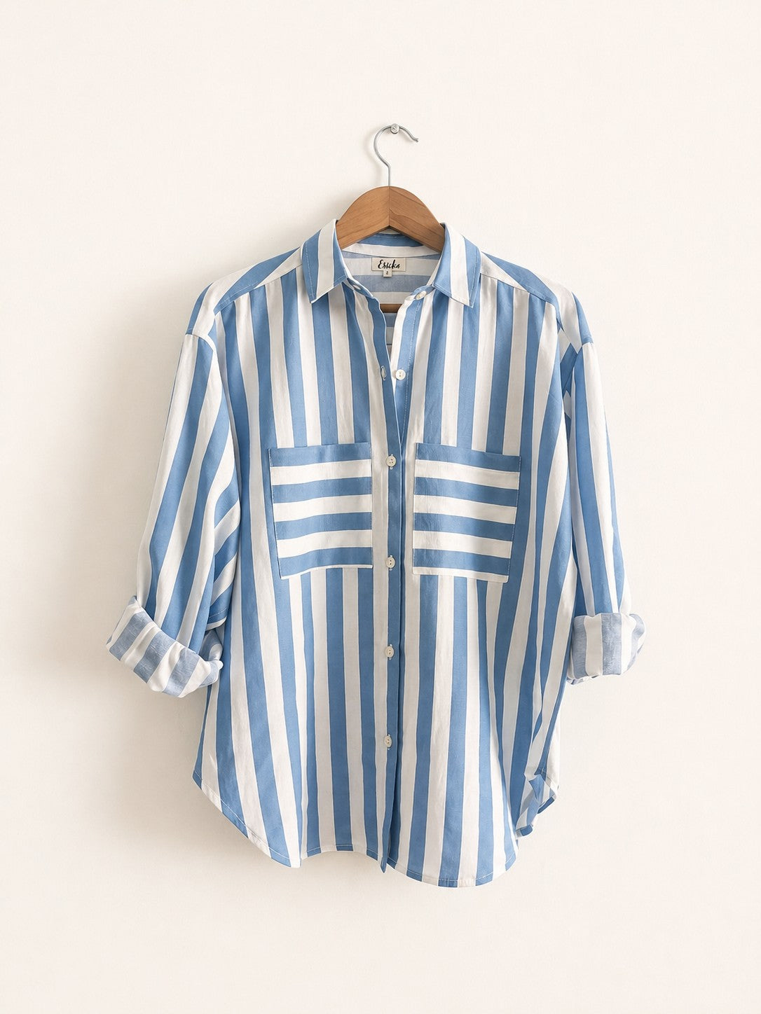 Women's oversized shirt in cotton linen with full sleeves in blue and white stripes  - front image with sleeves rolled up
