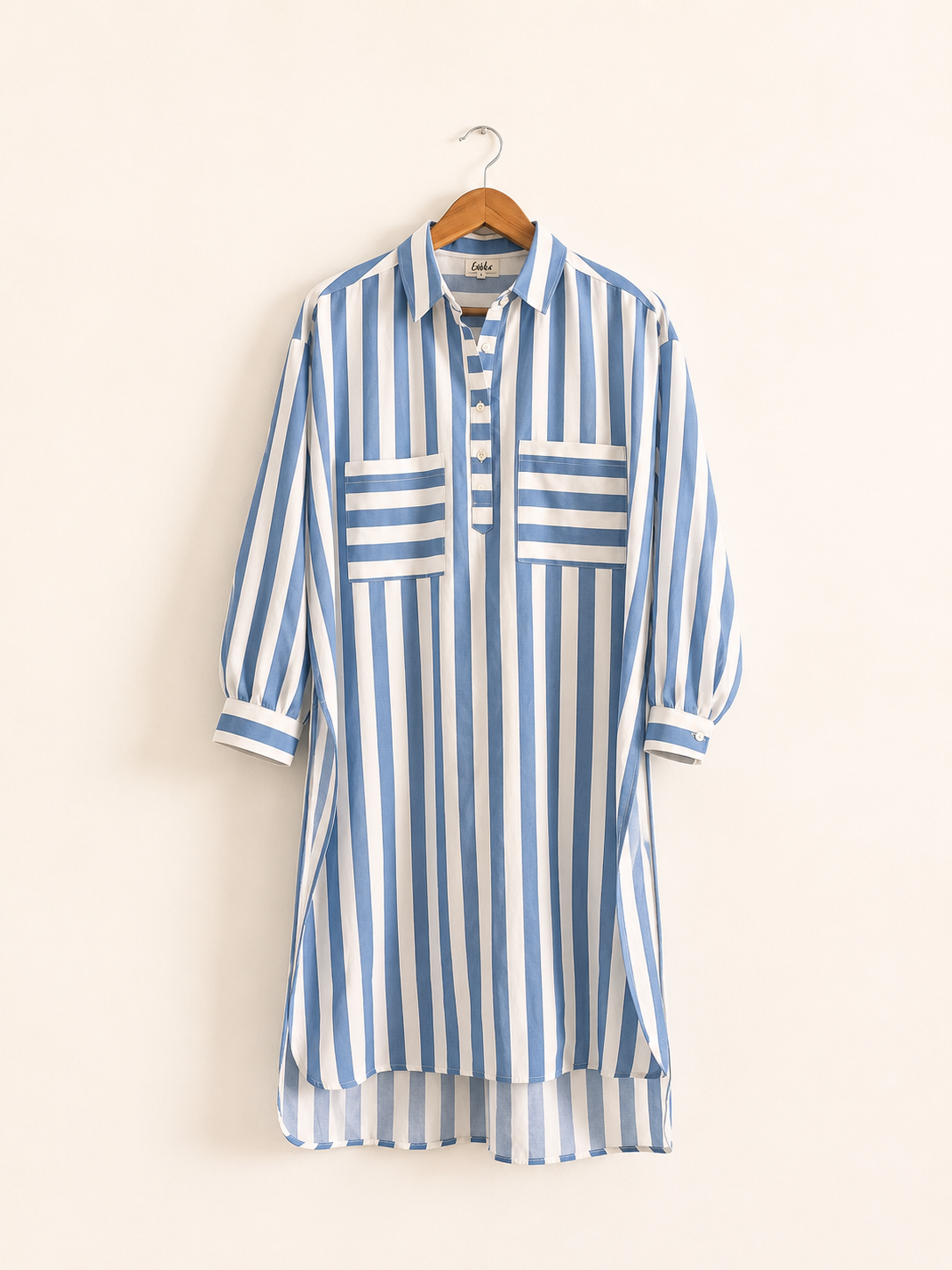 Women’s cotton oversized kurta in white and blue with full sleeves, cuffs, and a collar - front full image
