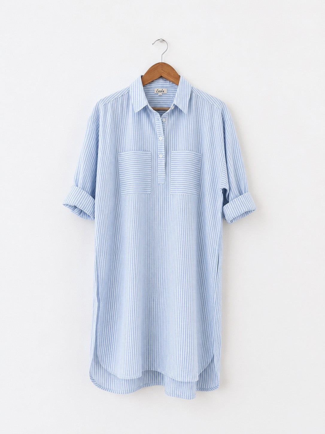 Women's oversized cotton kurta in light blue and white stripes with full sleeves, cuff and collar - front image