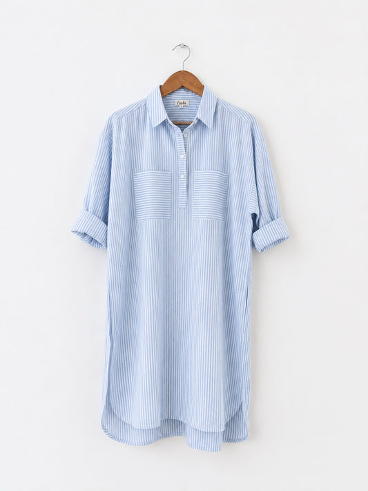 Women's oversized cotton kurta in light blue and white stripes with full sleeves, cuff and collar - front image