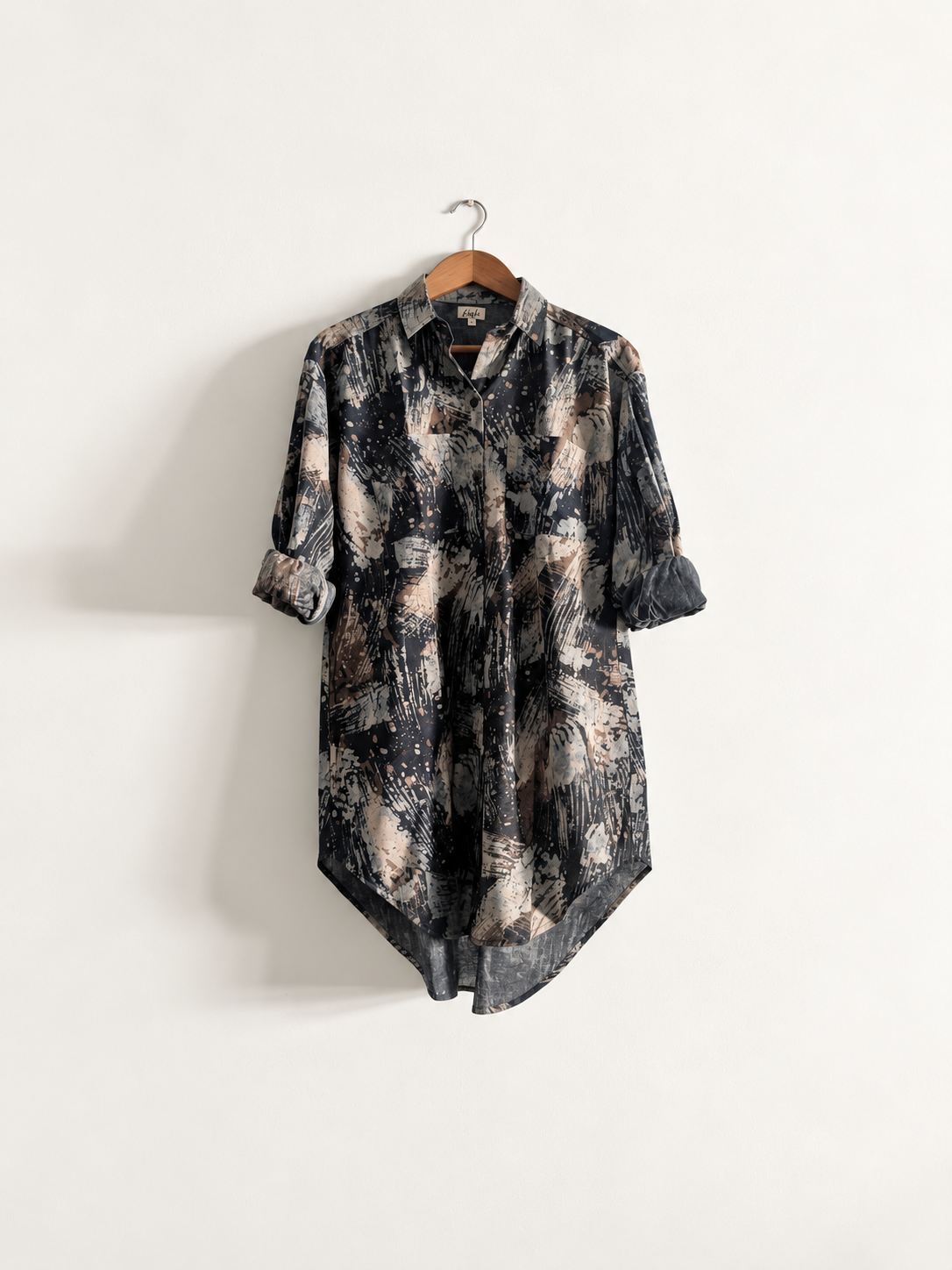 Women's shirt dress in cotton block print with full sleeves and collar in grey and brown - front image