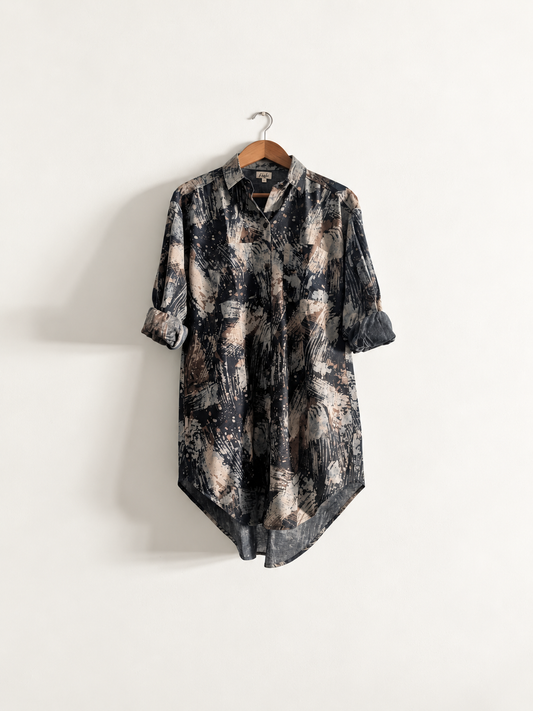 Women's shirt dress in cotton block print with full sleeves and collar in grey and brown - front image