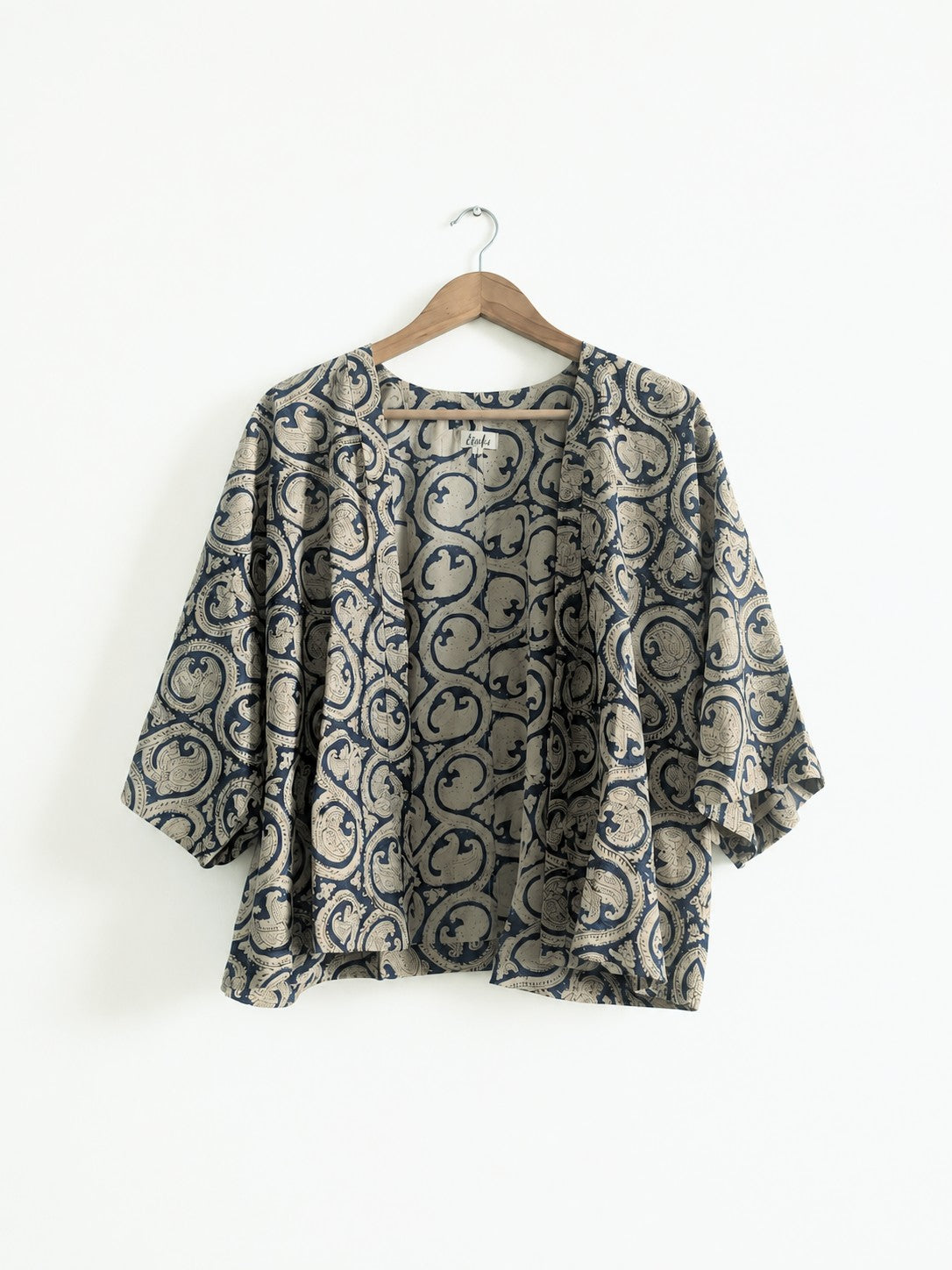 Women's jacket with kimono sleeves in indigo made with cotton block print - front image