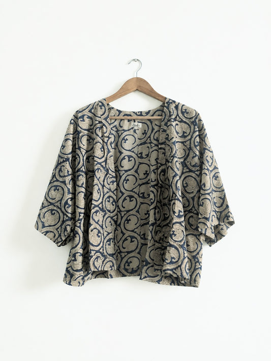 Women's jacket with kimono sleeves in indigo made with cotton block print - front image
