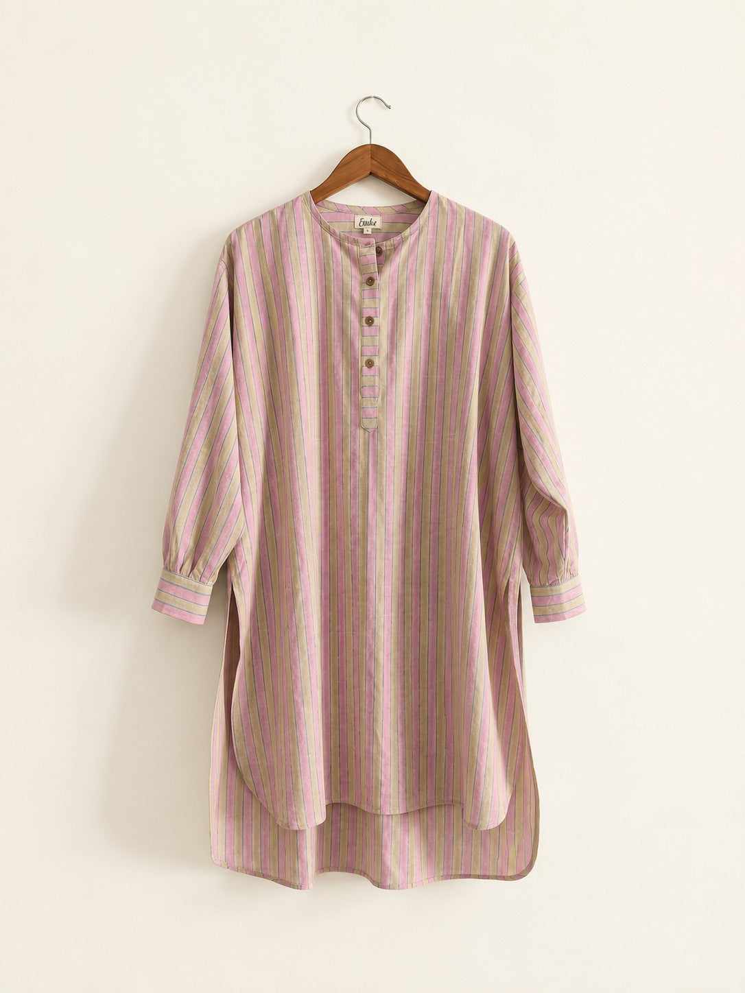 Women's handloom cotton kurta with round neck, full sleeves with cuffs, in pink stripes - front full image