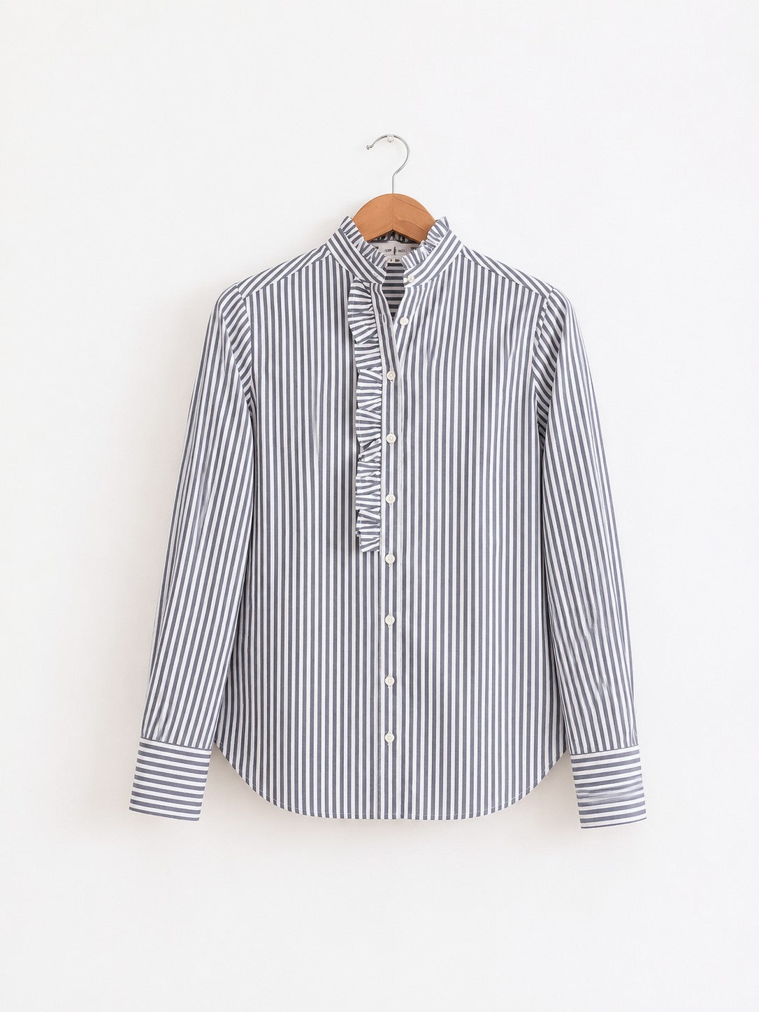 Women's regular full sleeves shirt  with ruffles, made with cotton in black and white stripes - front full image
