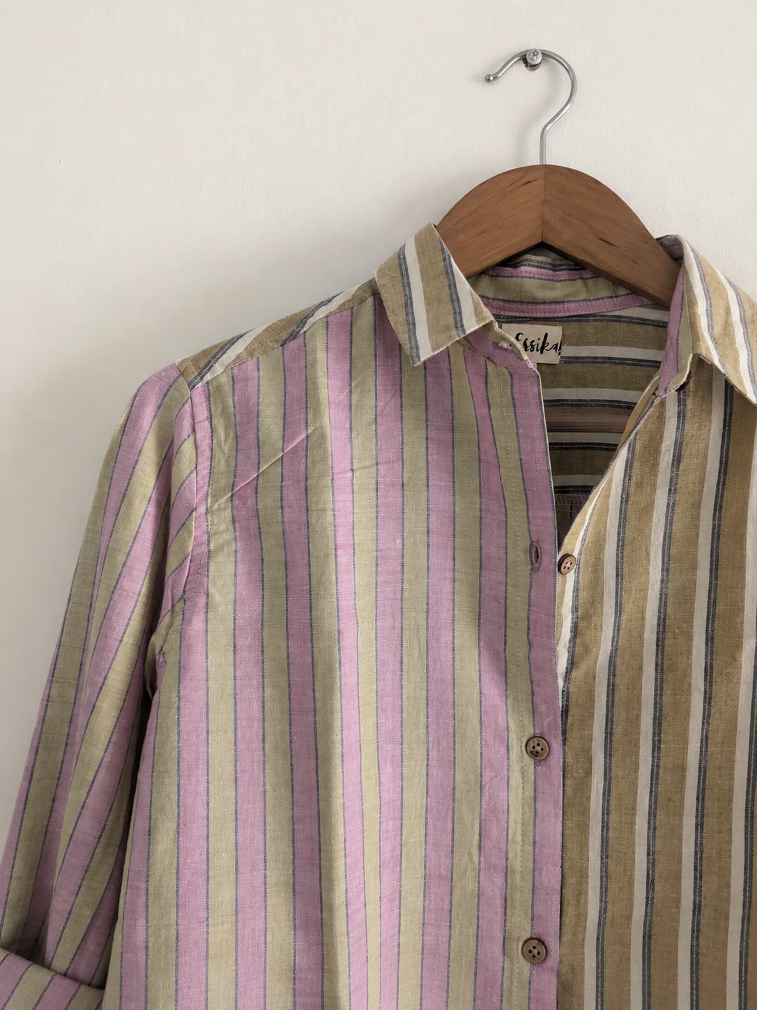 Women's regular shirt in mix stripes print, pink and sand - closeup image