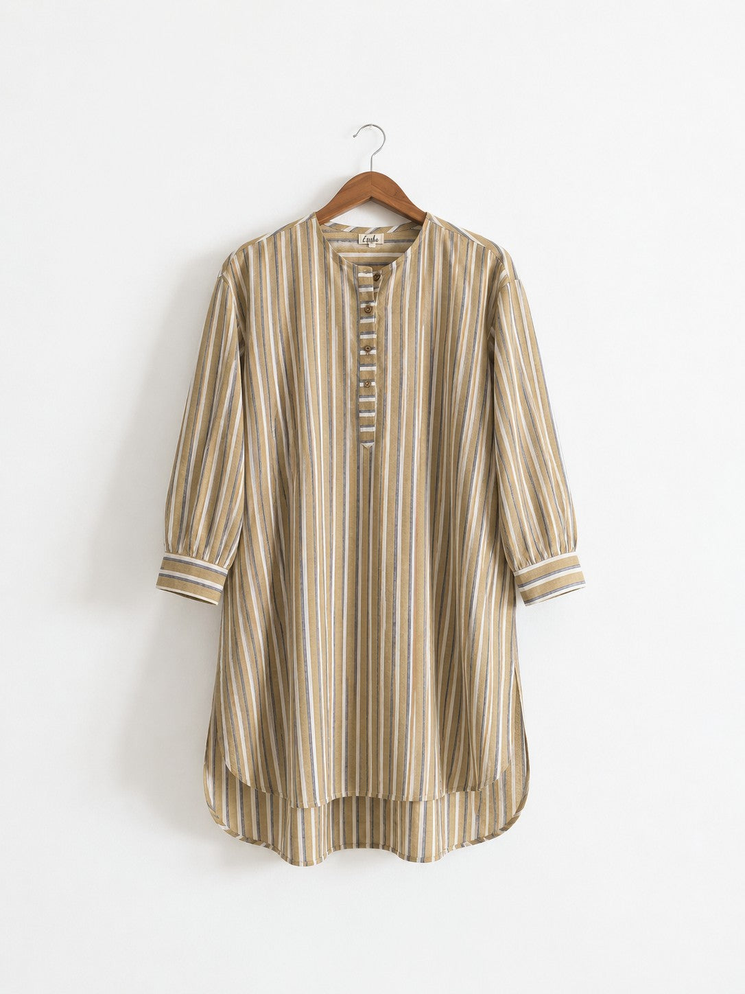 Women's handloom cotton kurta with round neck, full sleeves with cuffs, in yellow stripes  – front full image