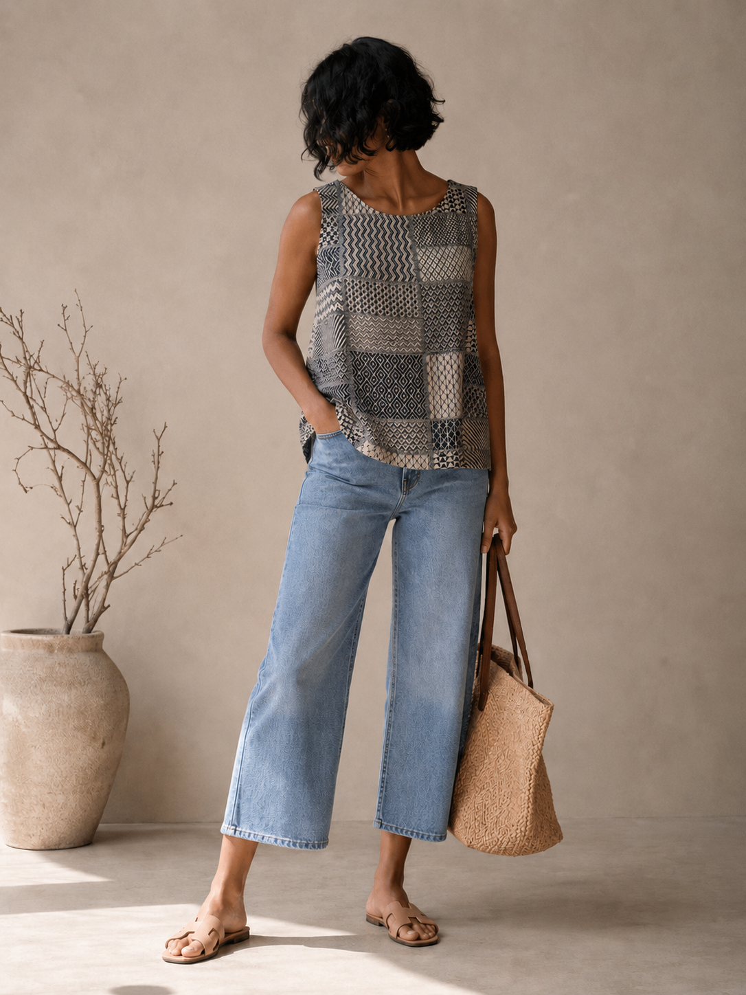 Women's sleeveless top in cotton jacquard - model image