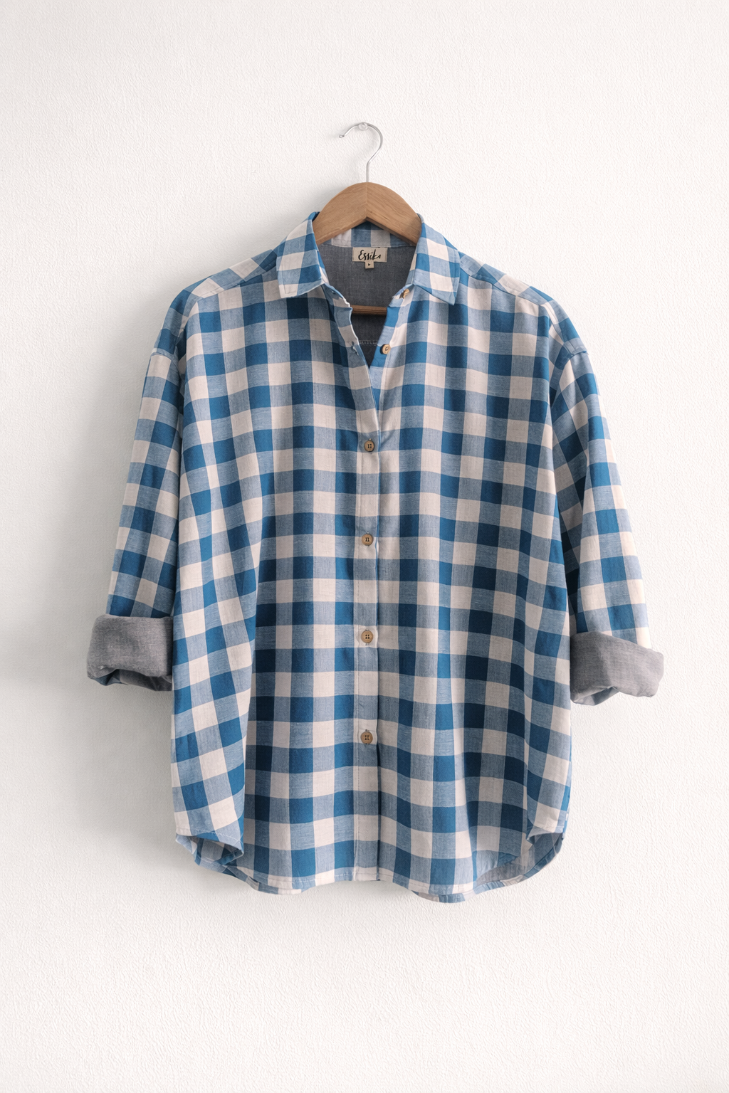 Women’s oversized shirt in blue & white check cotton double cloth with collar neck and cuffed sleeves – front image
