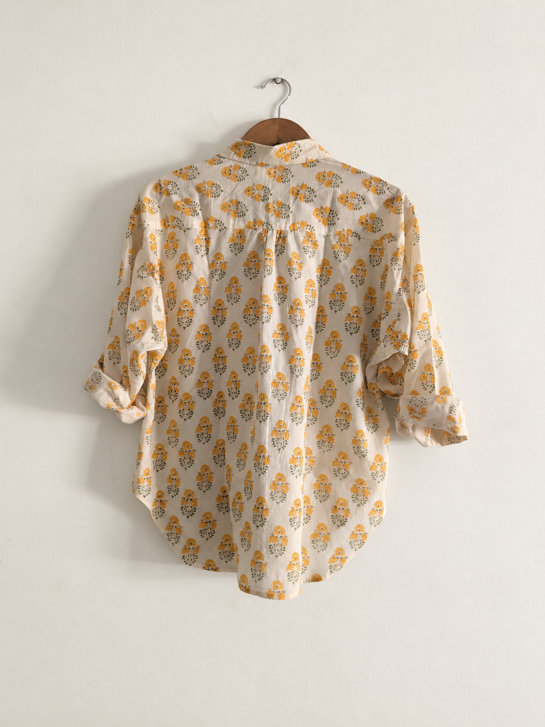 Women's oversized shirt, full sleeves made with cotton voile in yellow - back image