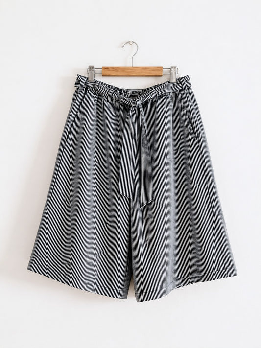 Women's knee length short in cotton denim, black stripes - front image