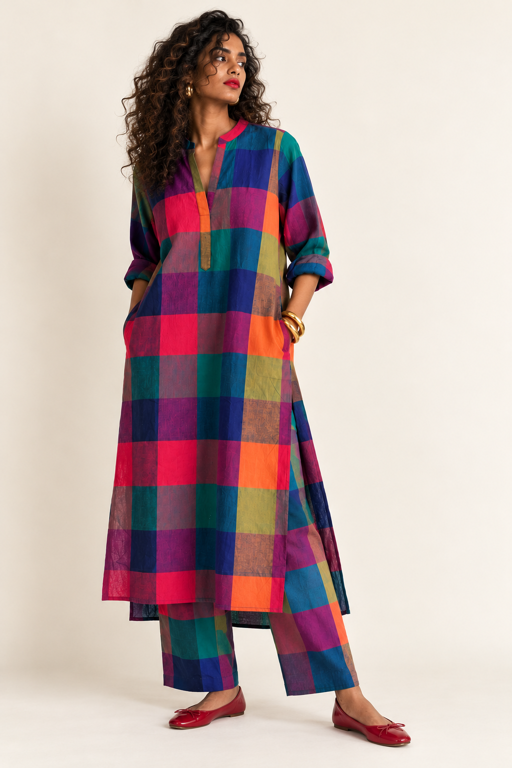 Women's  caftan in v neck, full sleeves and cuffs.  Made with 100% handloom cotton in multicolour checks - model image in full set