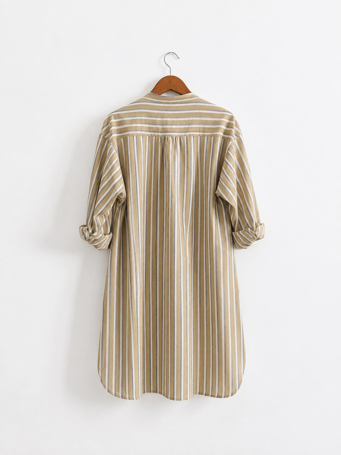 Women's handloom cotton kurta with round neck, full sleeves with cuffs, in yellow stripes  –  back view