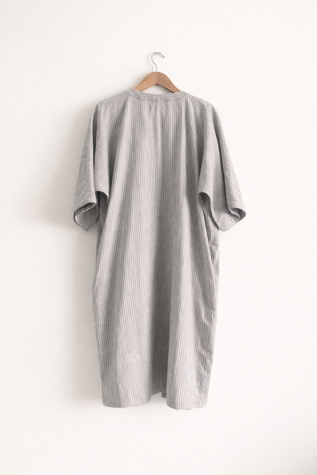 Dojo Wrap Long Coat in Grey Striped Cotton Double Cloth with Kimono Sleeves - back image