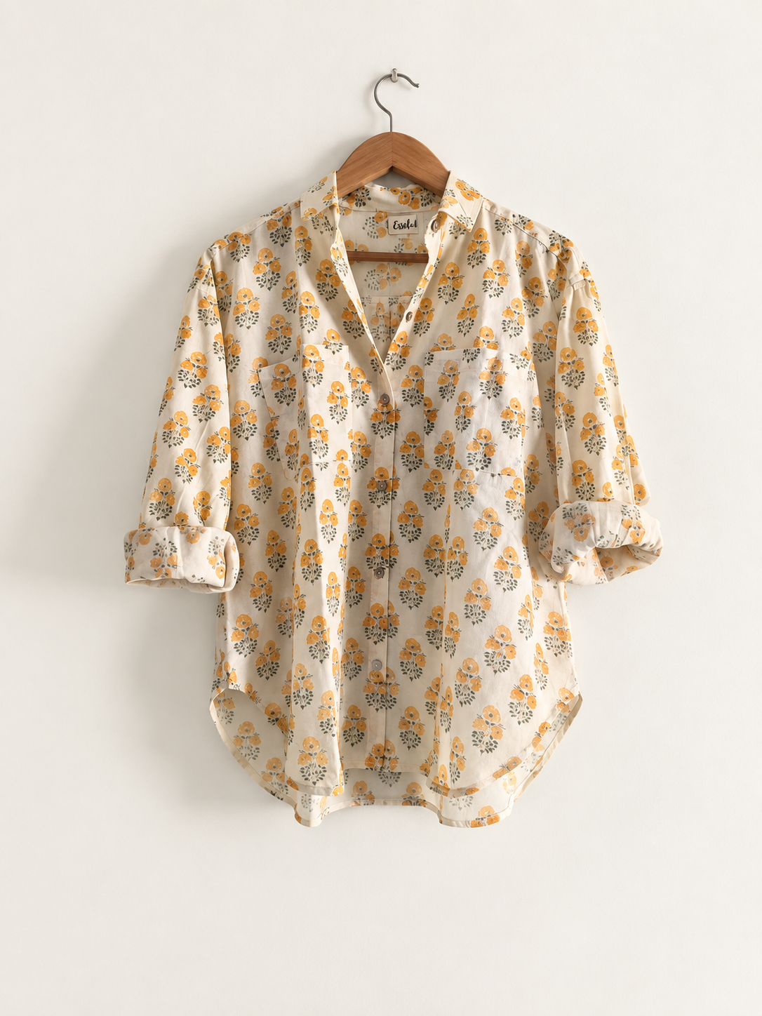 Women's oversized shirt, full sleeves made with cotton voile in yellow - front image