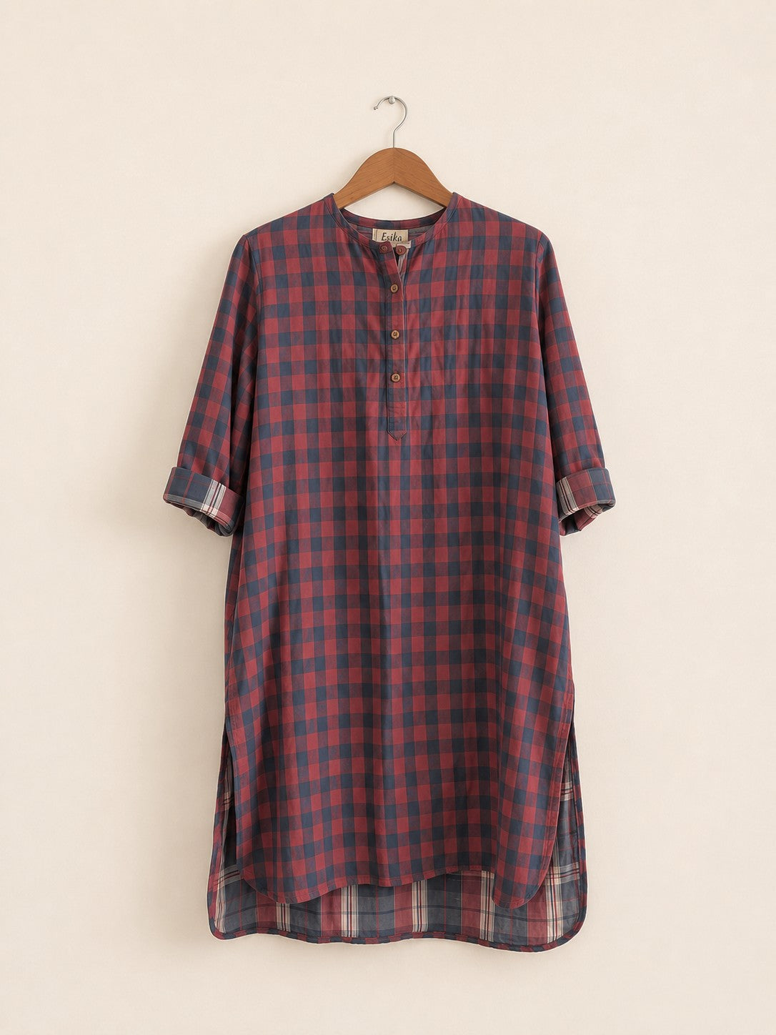Women's regular cotton kurta in red and green checks with 3/4th sleeves - front image