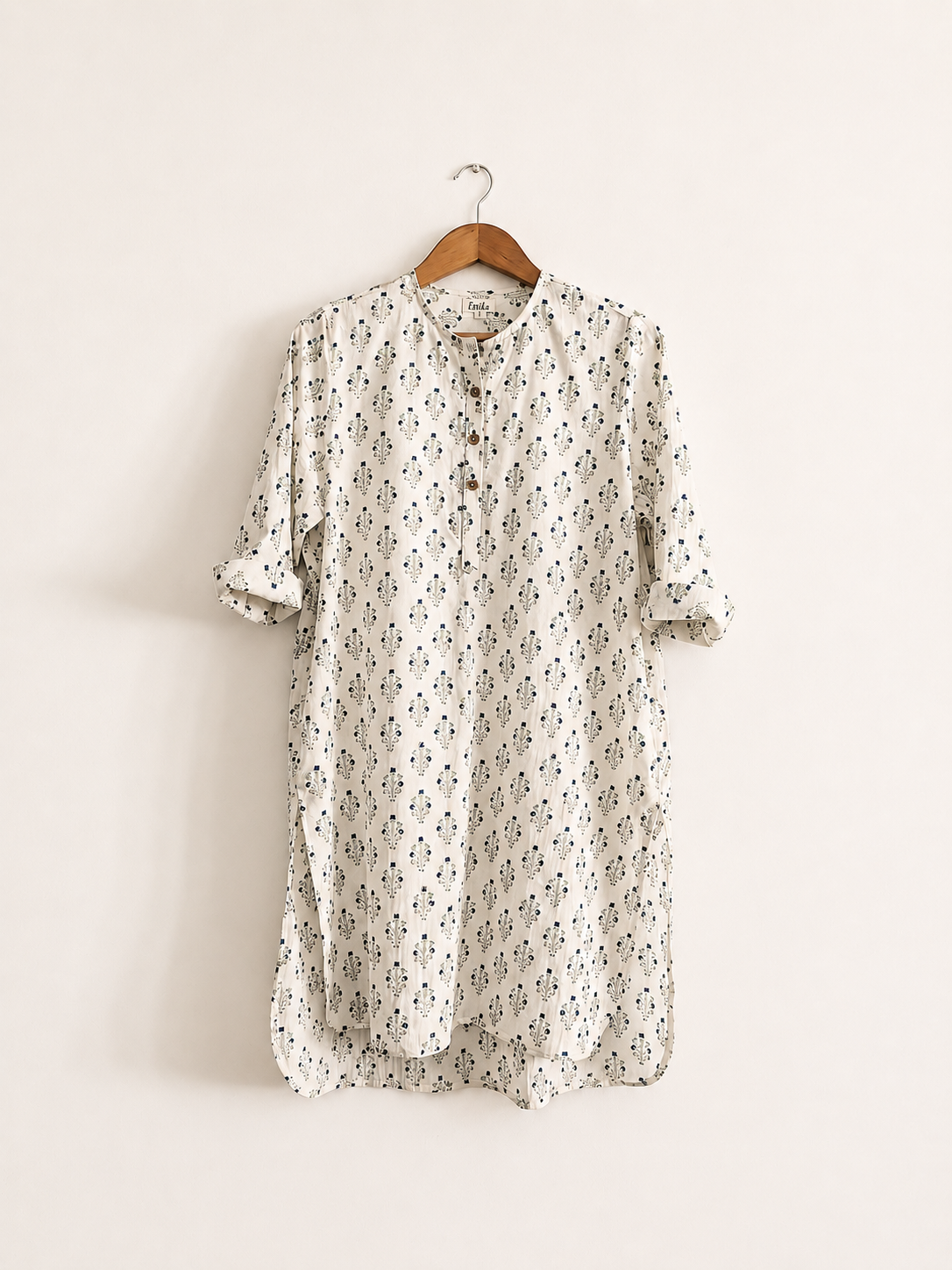 Women's regular cotton kurta in teal and indigo block print with round neck and 3/4 sleeves - front image