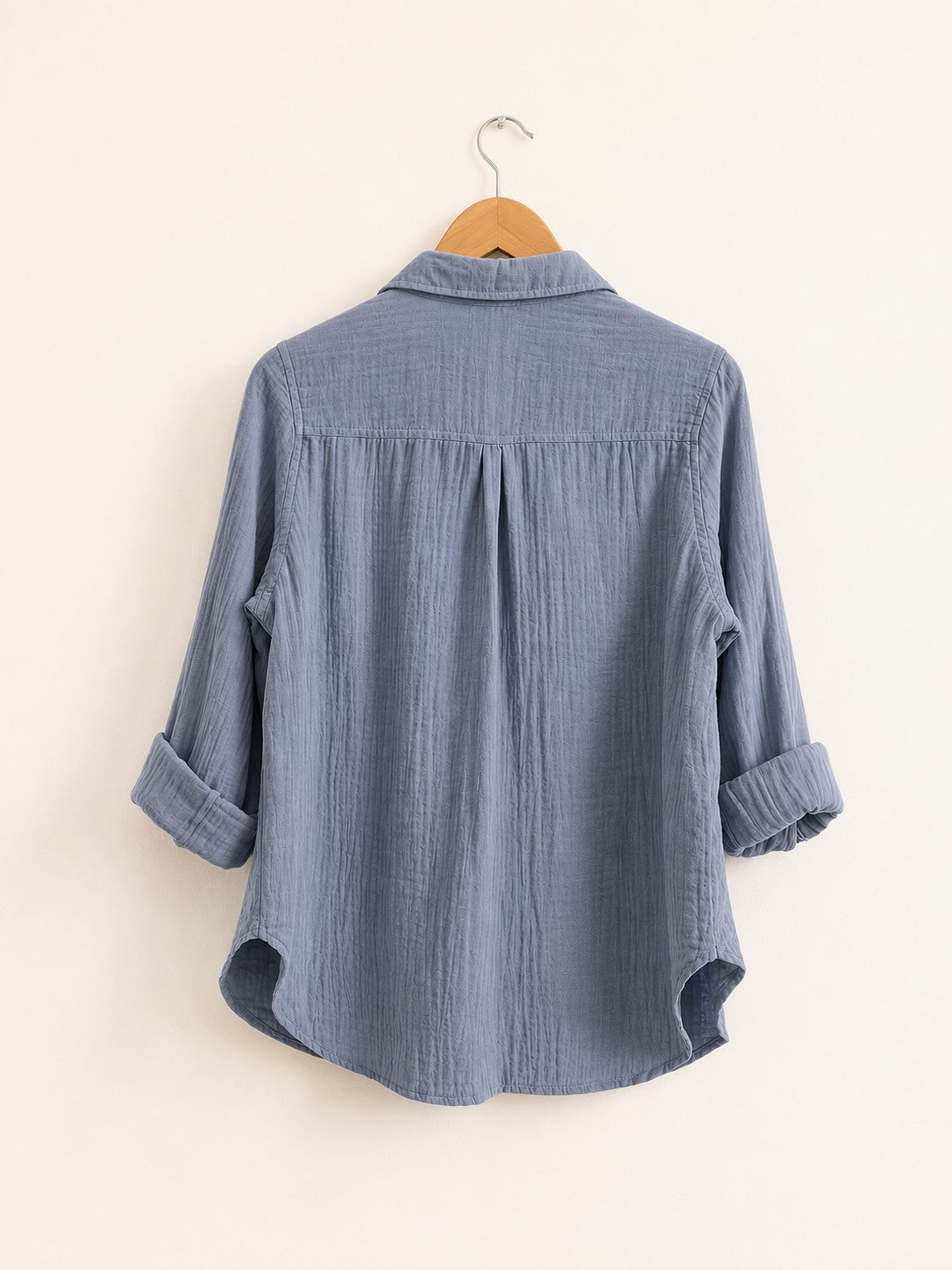 Women's regular fit shirt in cotton gauze with full sleeves and cuffs in dust blue  - back image