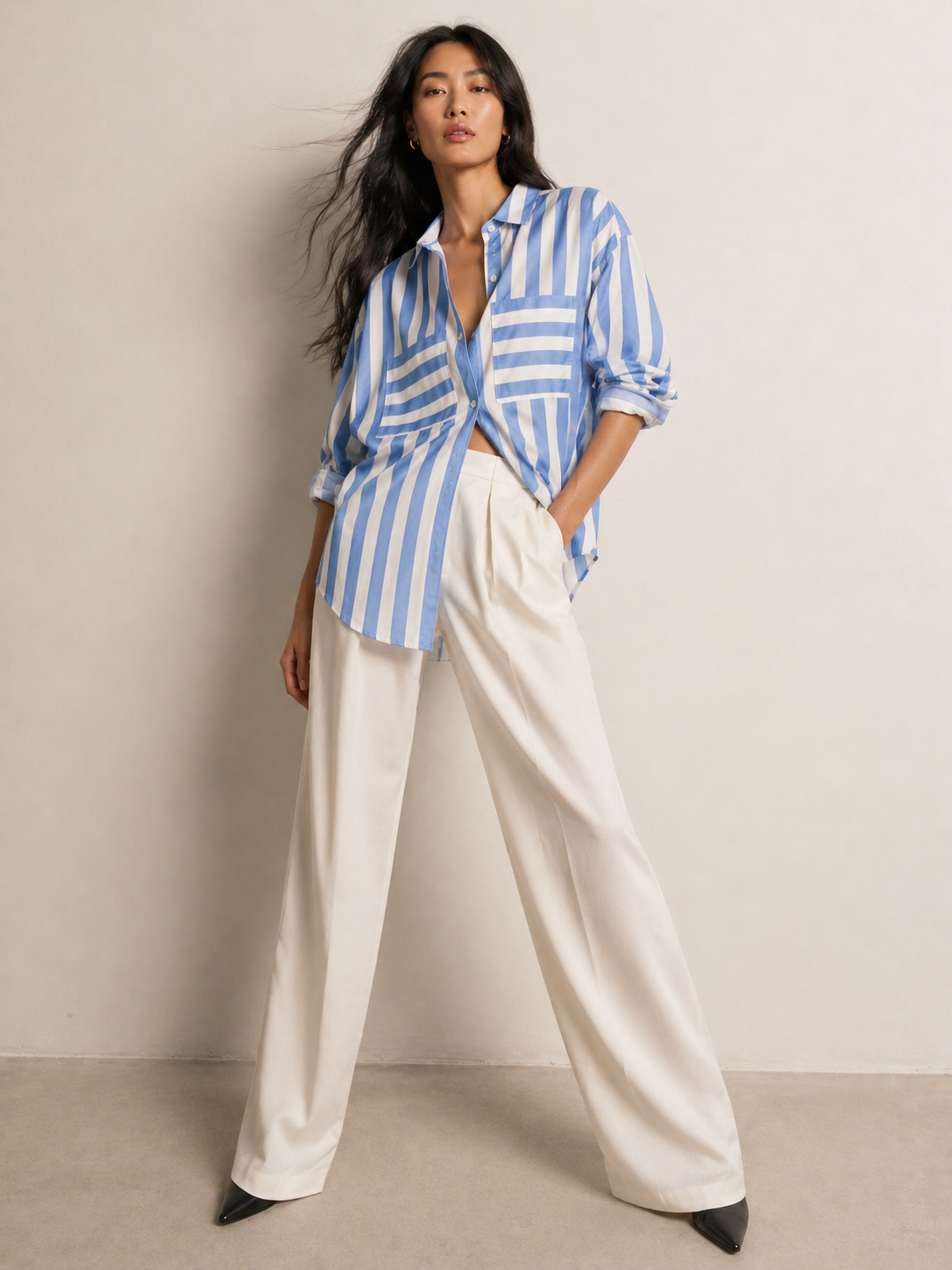 Women's oversized shirt in cotton linen with full sleeves in blue and white stripes  - model image