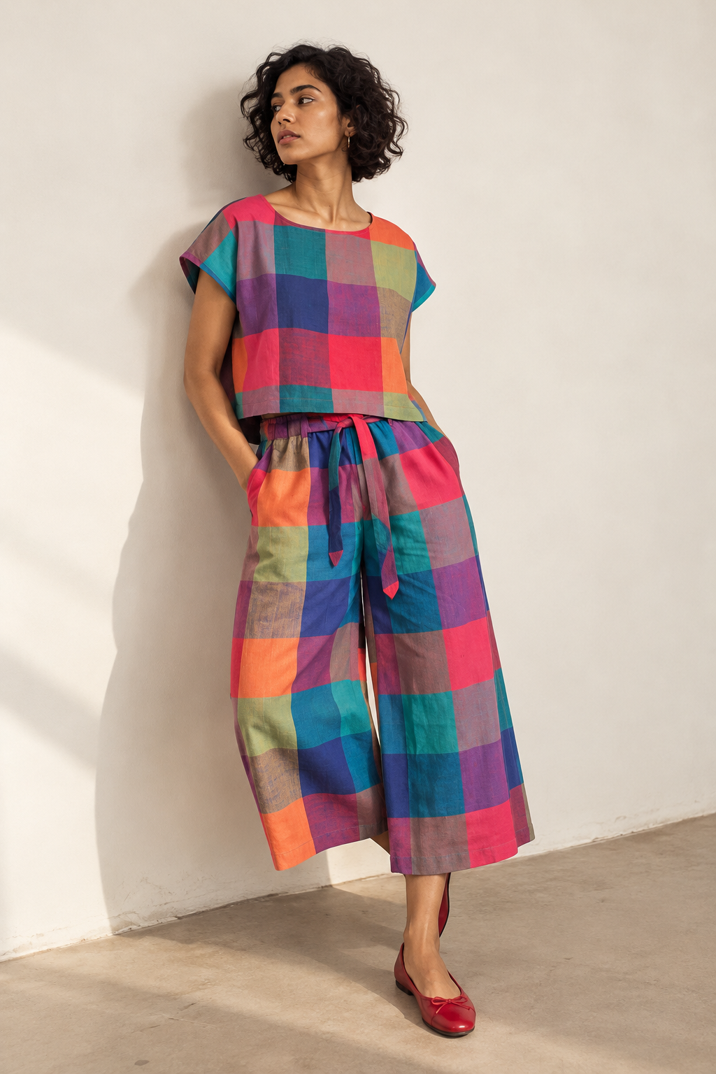 Women’s ankle-length wide-leg pants paired with Zen top - model image