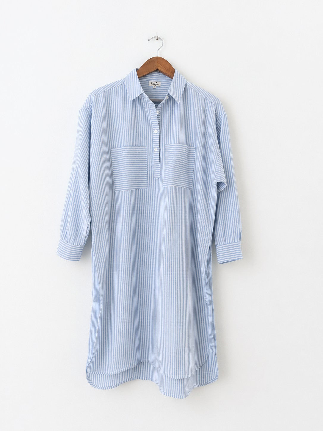 Women's oversized cotton kurta in light blue and white stripes with full sleeves, cuff and collar - front full image