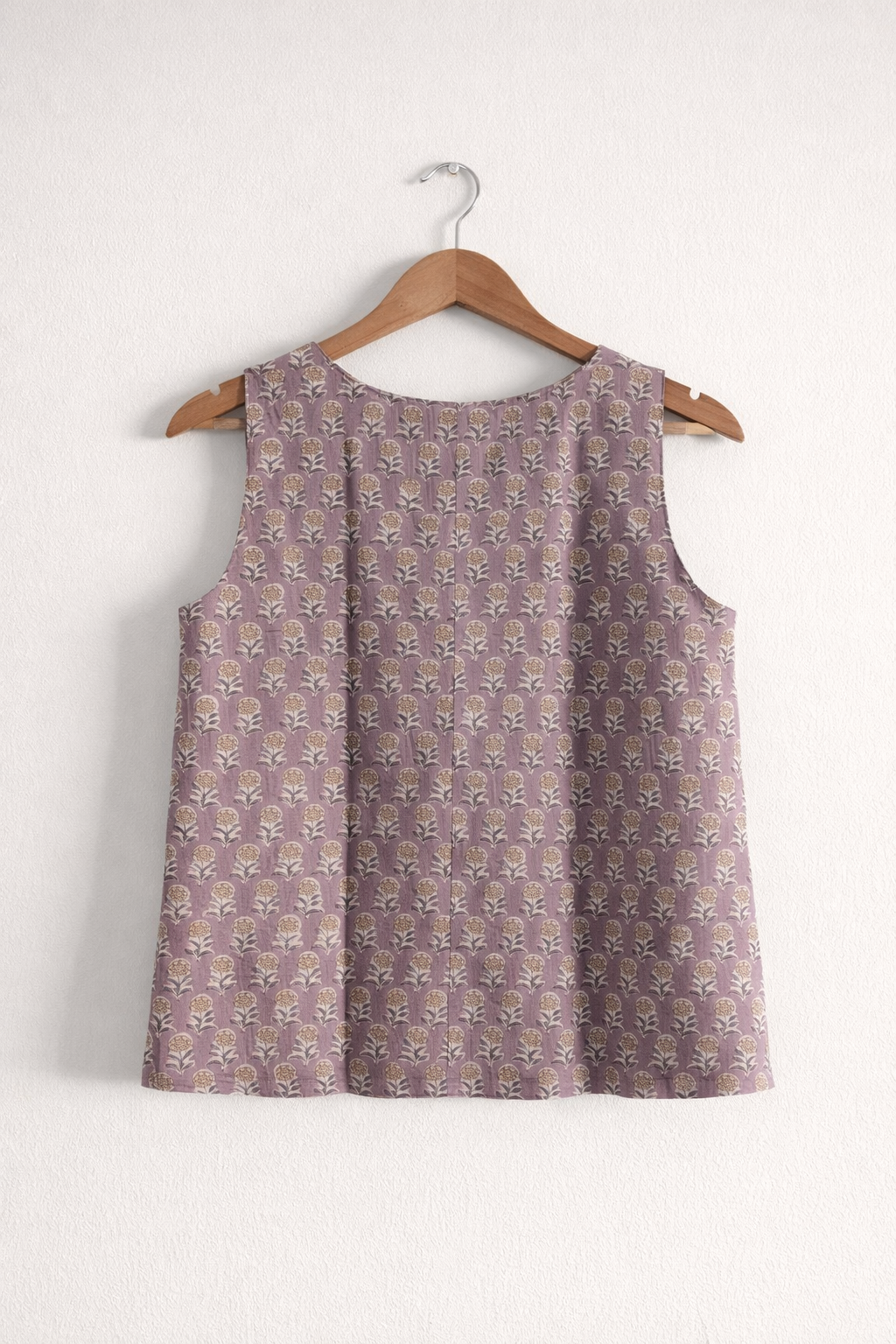 Women's sleeveless top in cotton block print in pastel mauve -back image