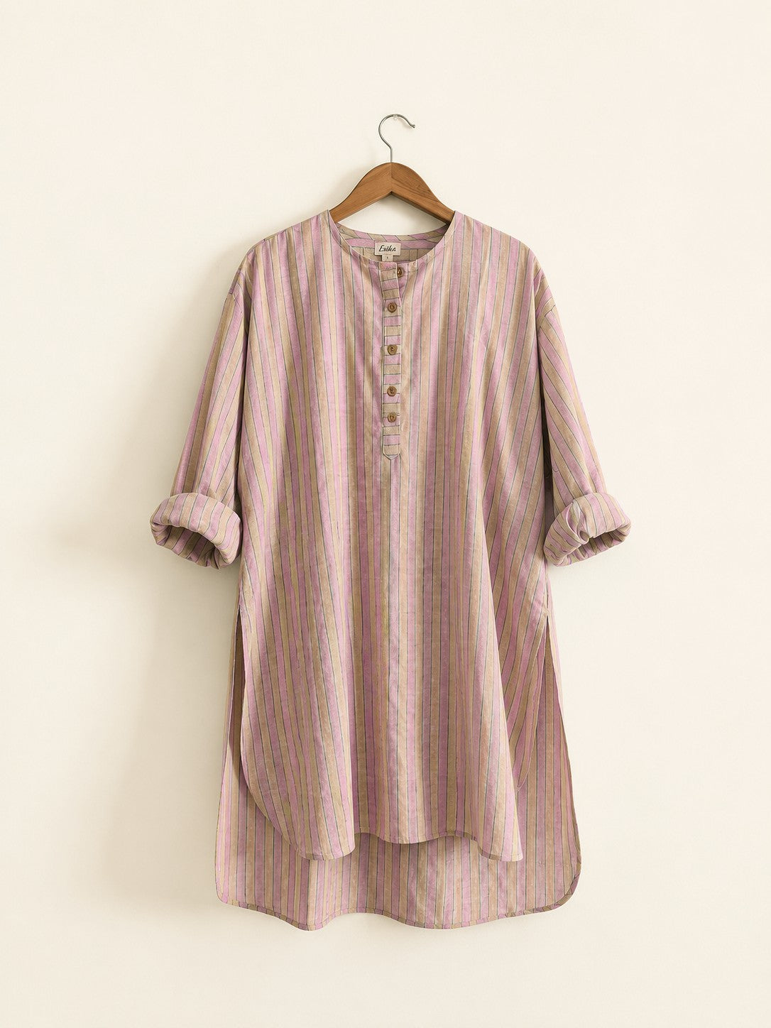 Women's handloom cotton kurta with round neck, full sleeves with cuffs, in pink stripes - front image