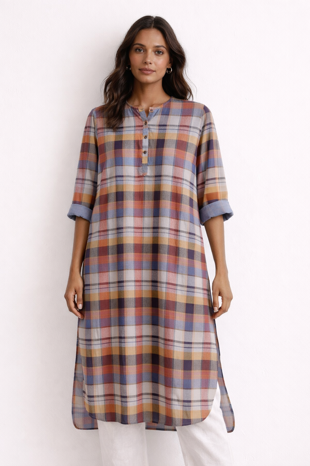 Women's cotton regular kurta with 3/4th sleeves in multicolor - Model front image