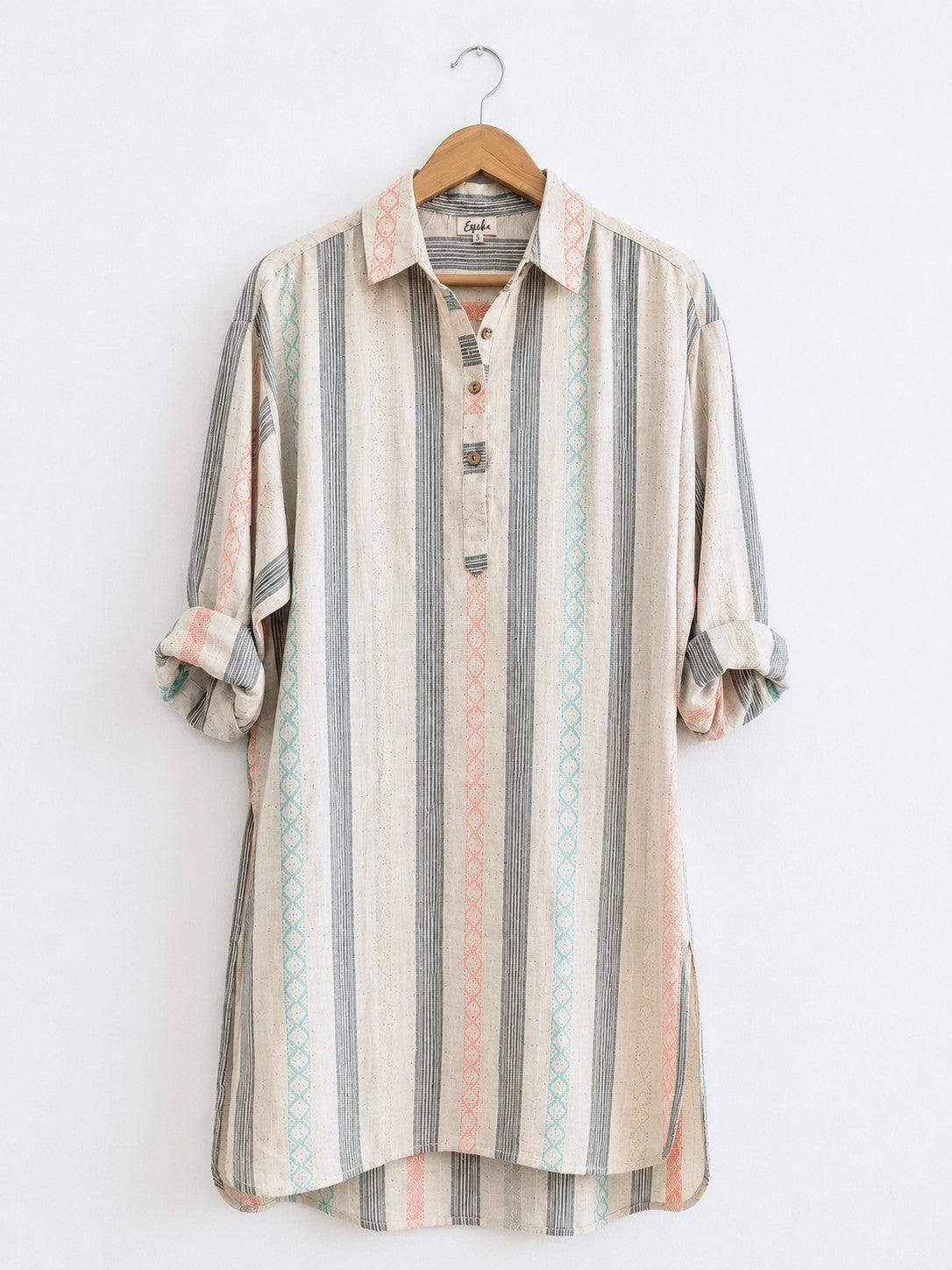 Women's oversized kurta with collar and cuff in mulitcolour stripes, made with cotton linen  - Front image