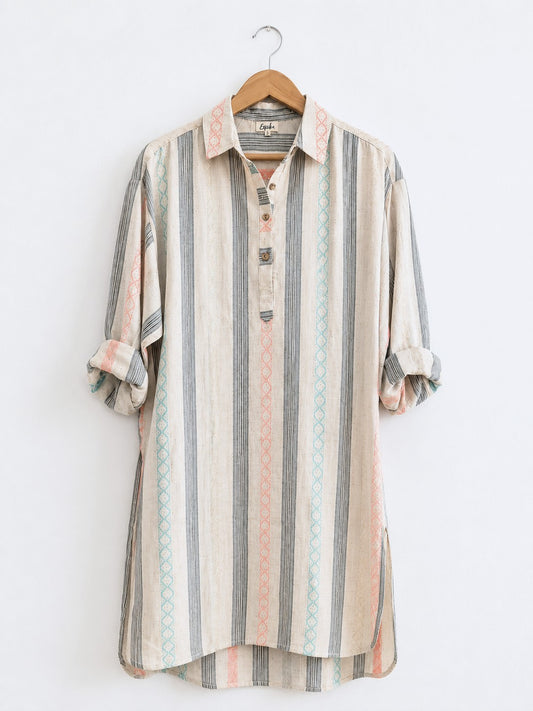 Women's oversized kurta with collar and cuff in mulitcolour stripes, made with cotton linen  - Front image