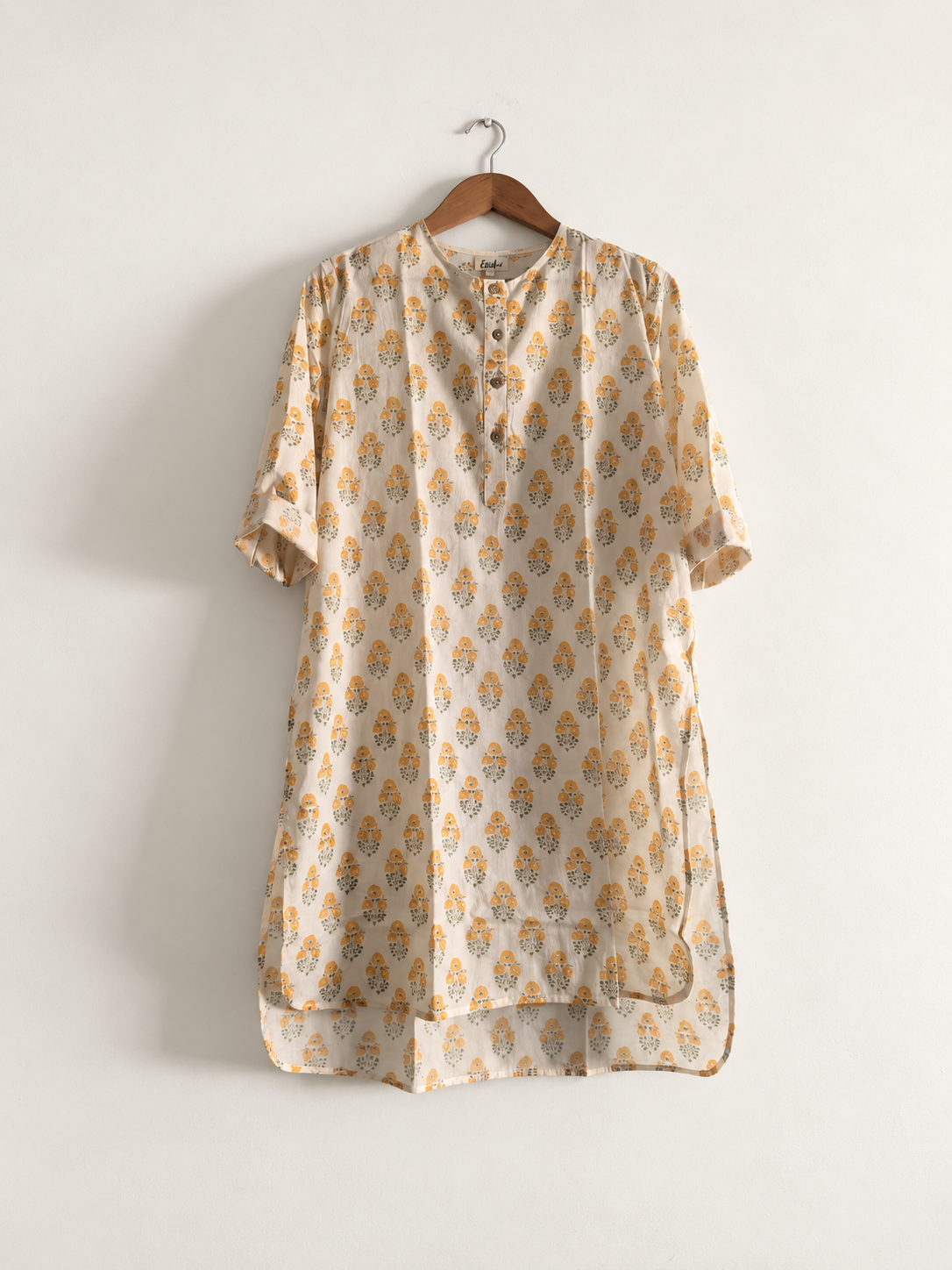 Women's regular block printed kurta in yellow with 3/4 sleeves. Made with 100% cotton - front image