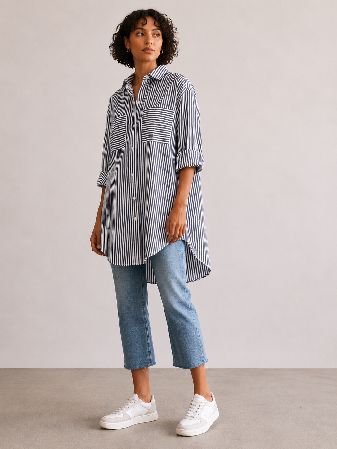 Chemise surdimensionnée pour femmes | Impression en bloc | Bleu foncé 