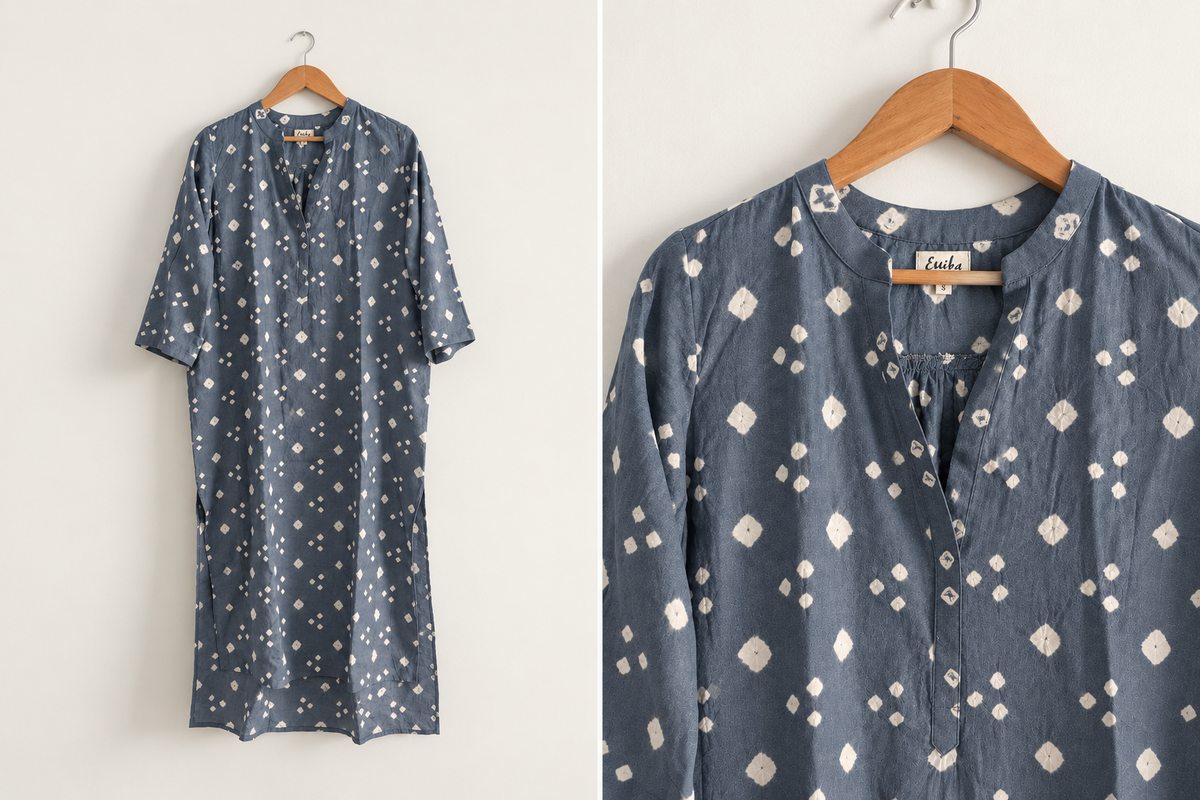 Women's caftan in  slate blue with 3/4 sleeves and v-neck made with cotton bandhani - front and close up image