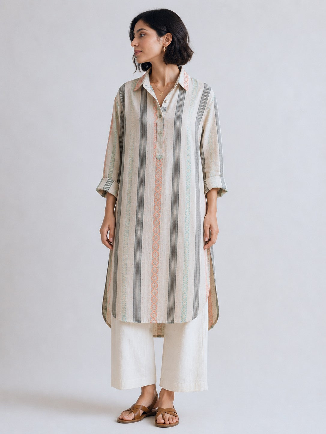 Women's oversized kurta with collar and cuff in mulitcolour stripes, made with cotton linen  - Model image