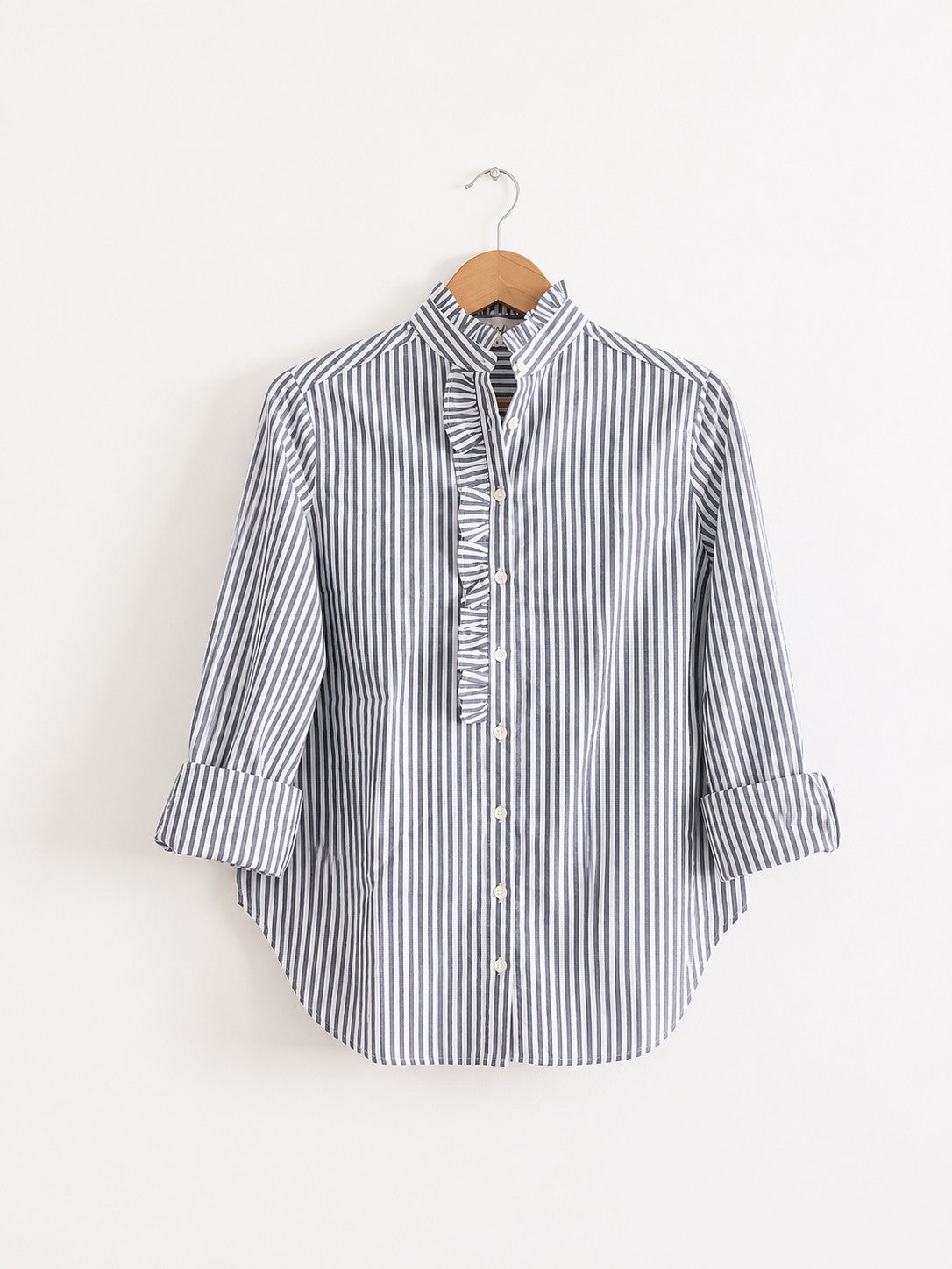 Women's regular full sleeves shirt  with ruffles, made with cotton in black and white stripes - front image