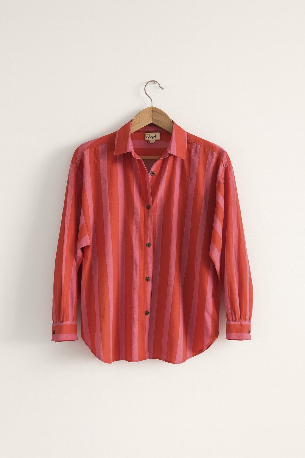 Women's cotton oversized shirt in red and pink stripes, full sleeves - full front image