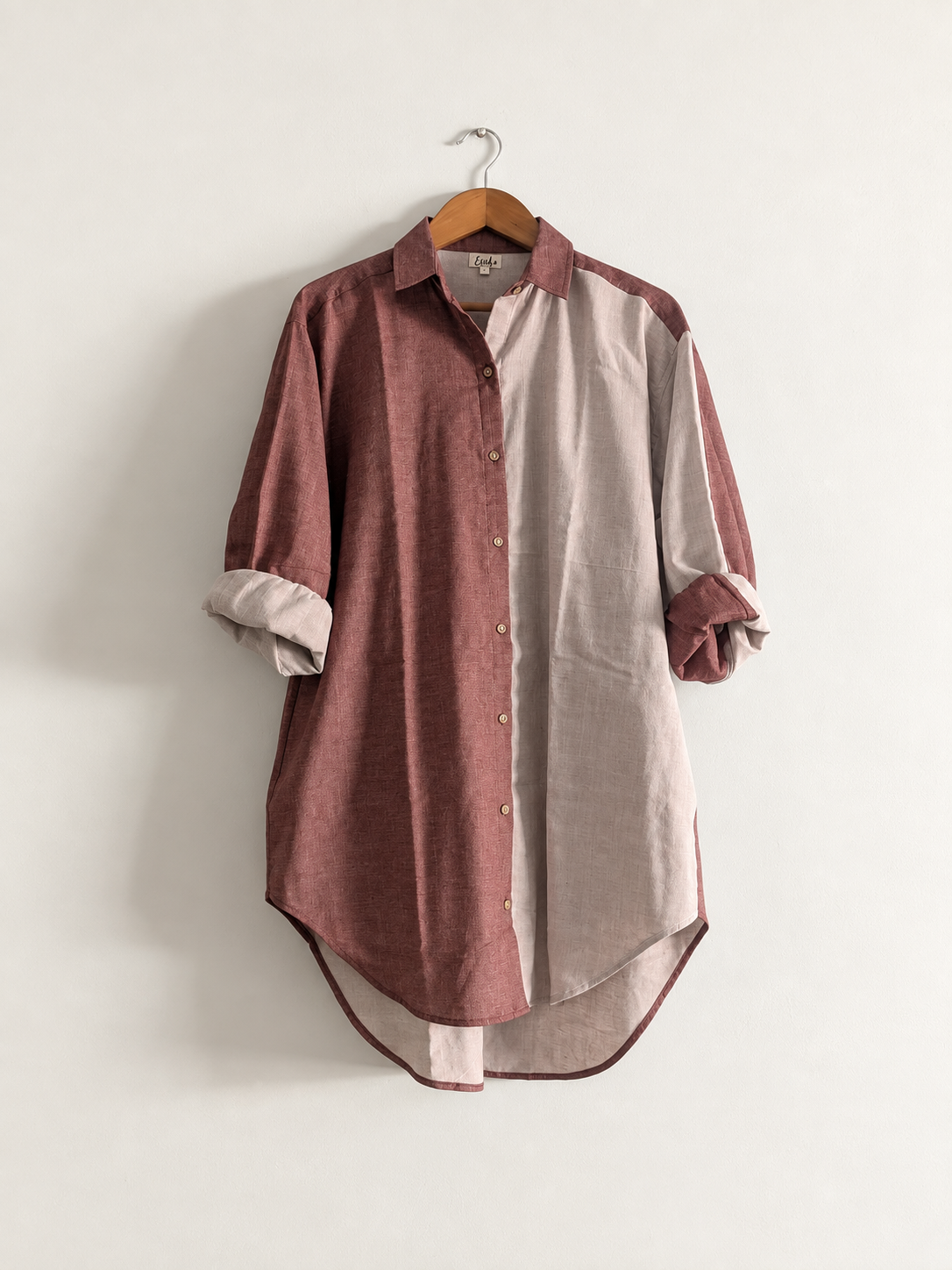 Women's oversized shirt dress in red and white, made with 100% cotton with full sleeves and collar  - front image