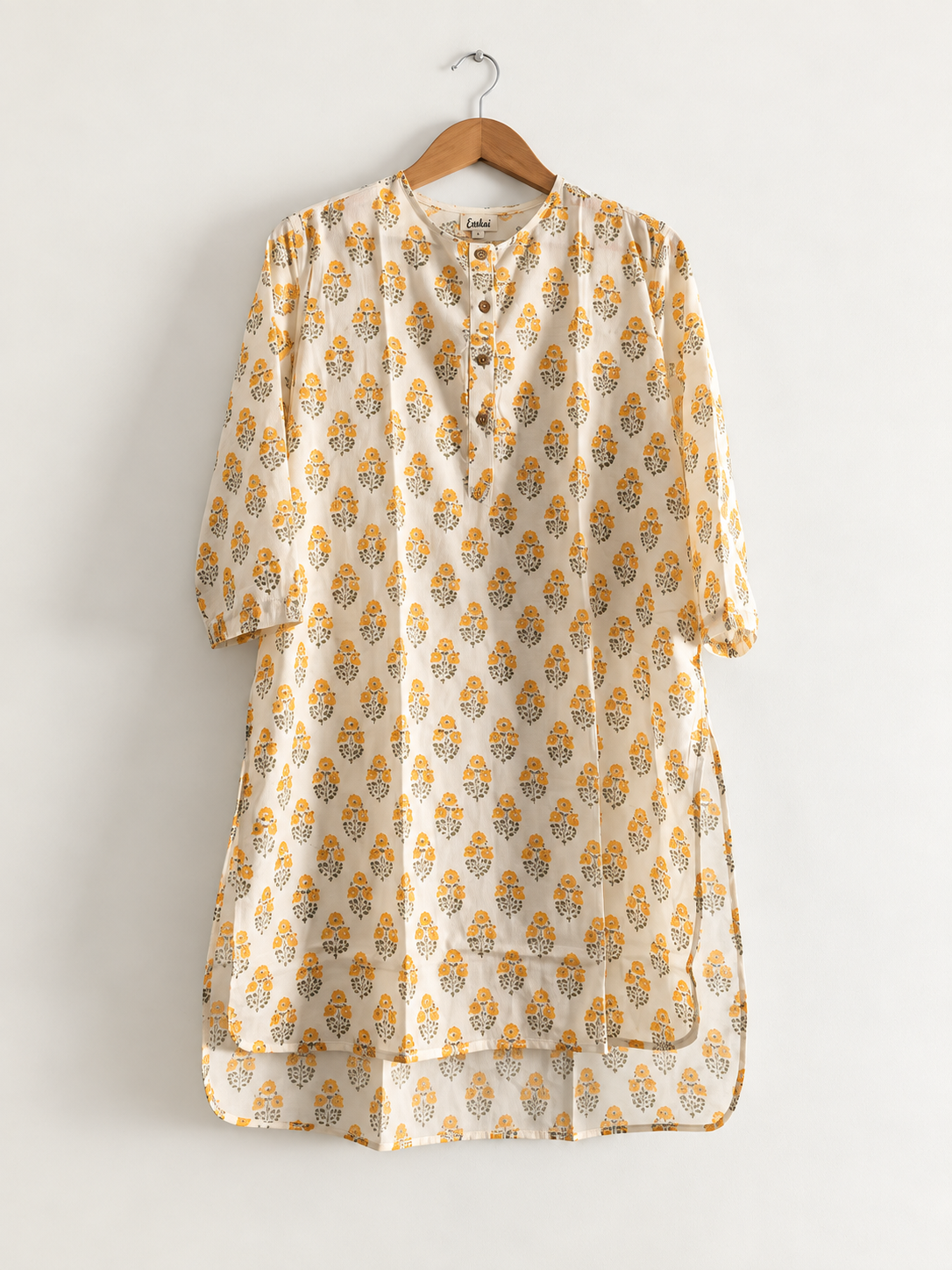 Women's regular block printed kurta in yellow with 3/4 sleeves. Made with 100% cotton - front full  image