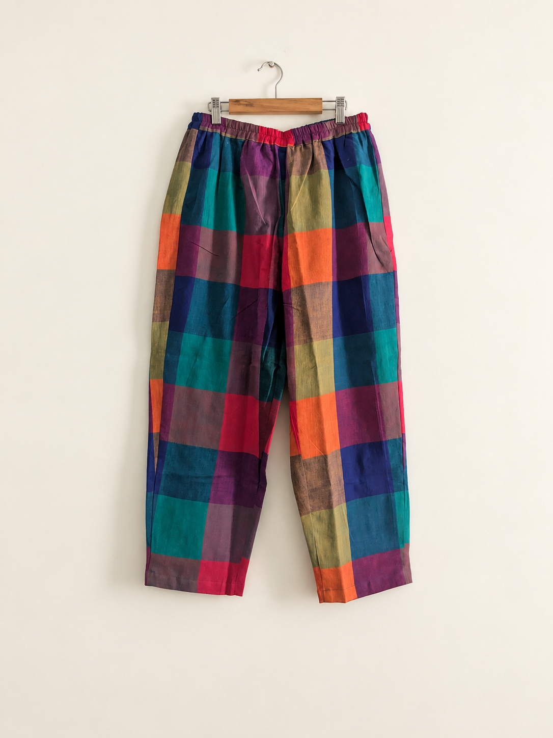 Women's regular pants  made with 100% handloom cotton in multicolour checks - front image