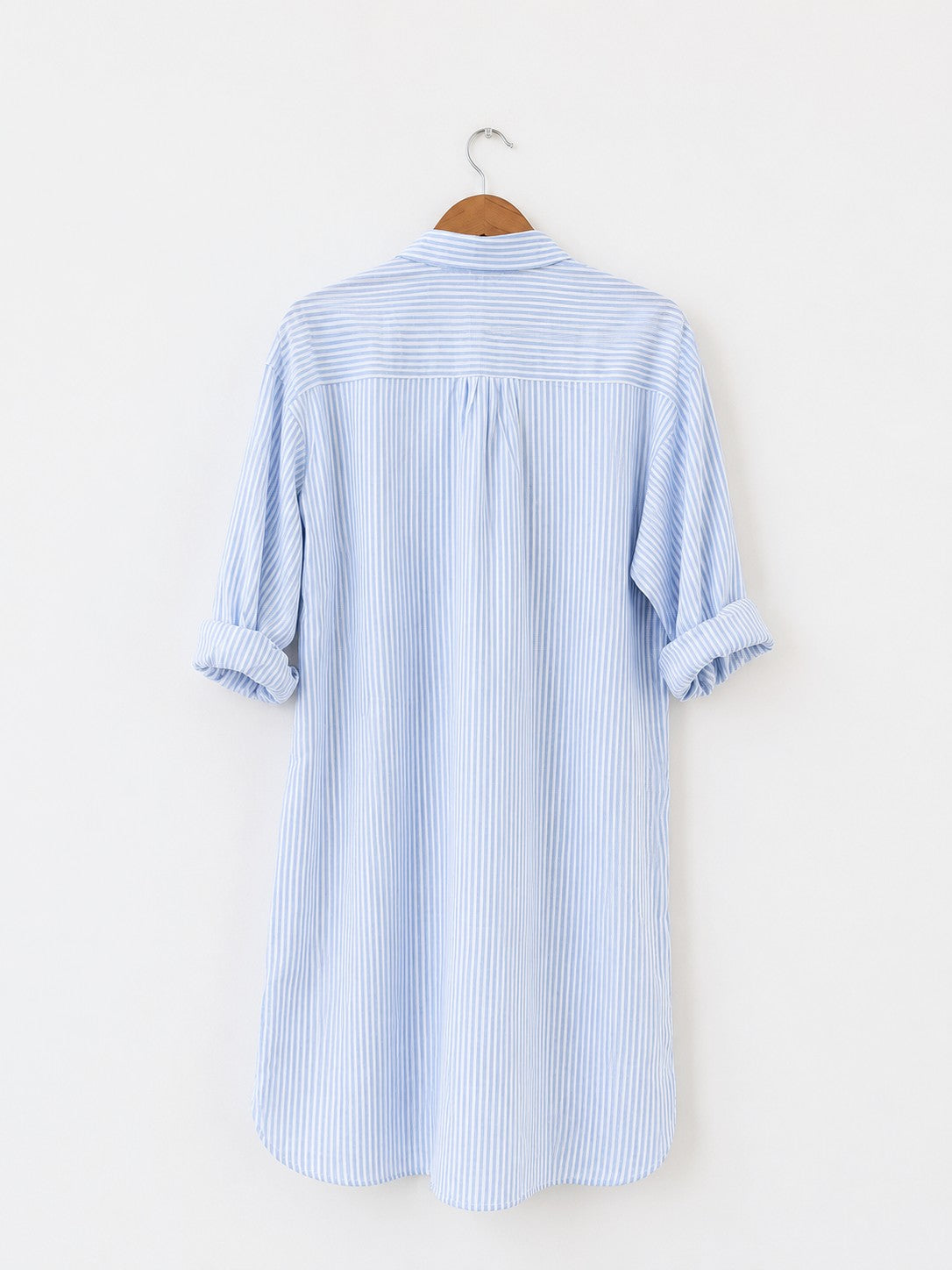 Women's oversized cotton kurta in light blue and white stripes with full sleeves, cuff and collar -back mage