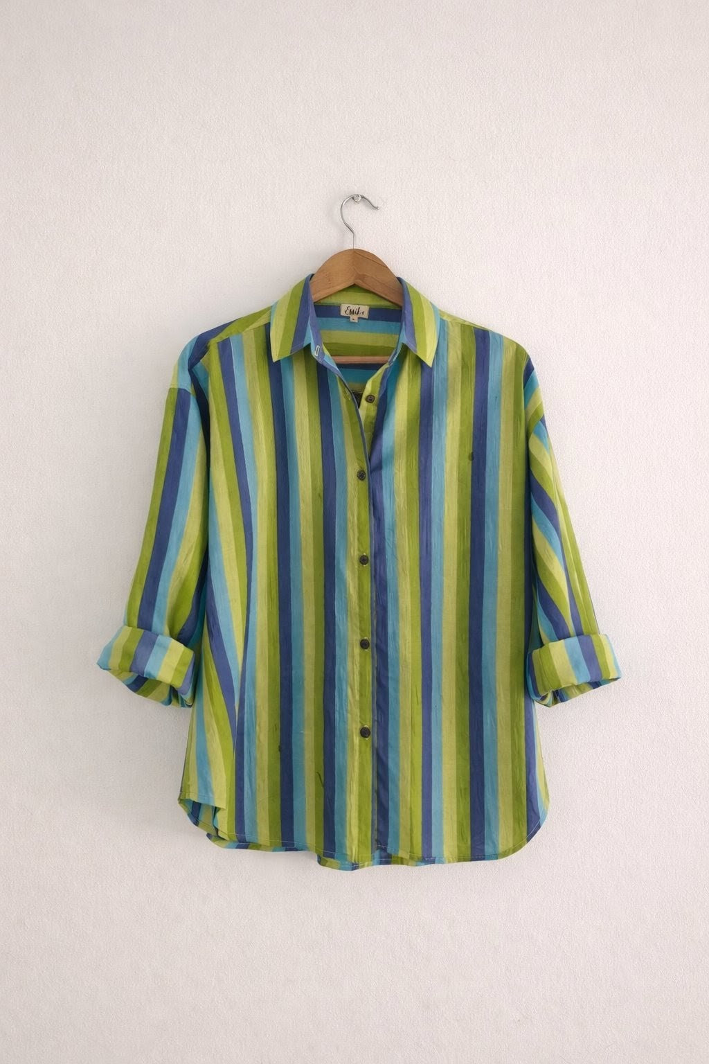 Women’s cotton oversized shirt in blue-green stripes, with full sleeves - front image
