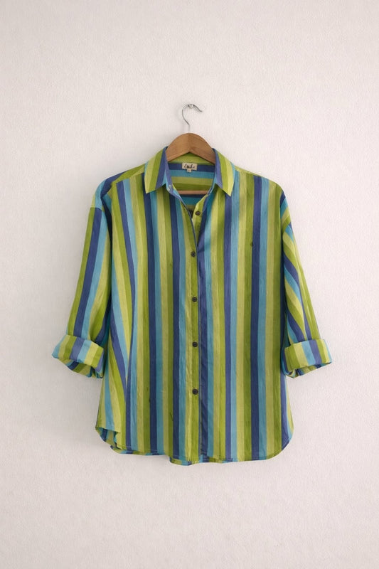 Women’s cotton oversized shirt in blue-green stripes, with full sleeves - front image