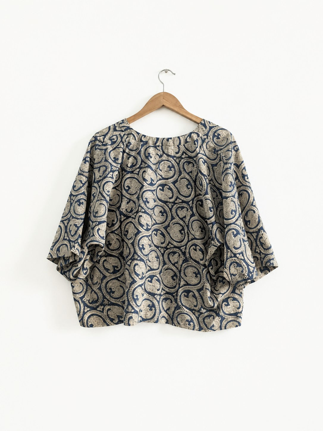 Women's jacket with kimono sleeves in indigo made with cotton block print - back image