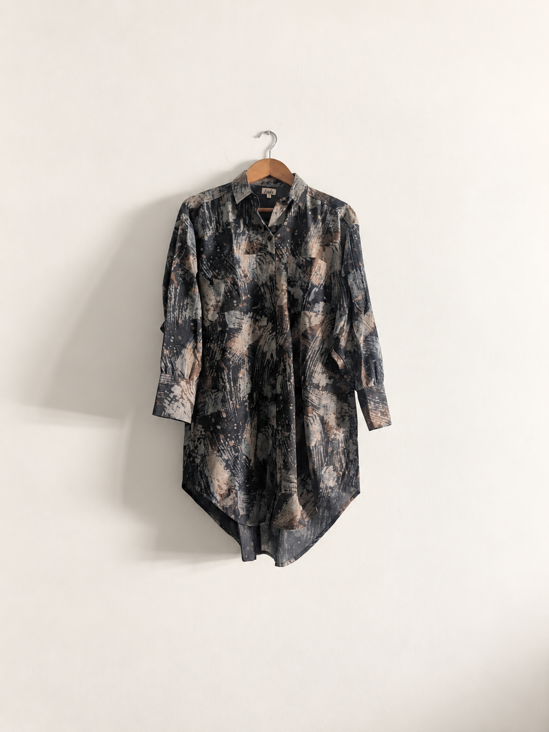 Women's shirt dress in cotton block print with full sleeves and collar in grey and brown -front full image
