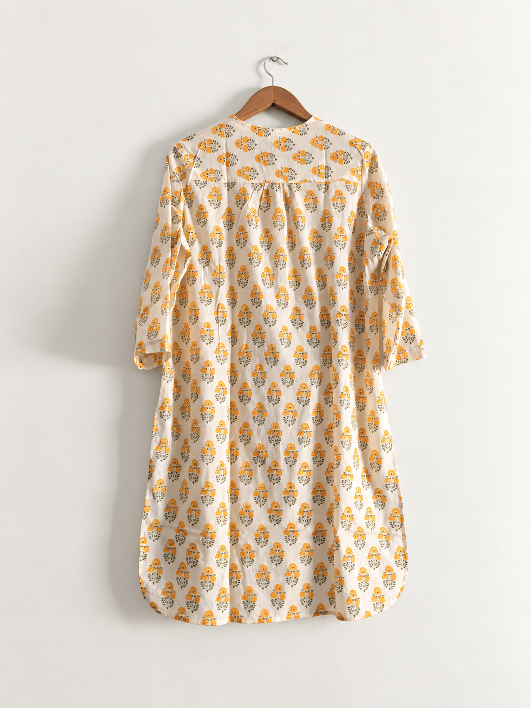 Women's regular block printed kurta in yellow with 3/4 sleeves. Made with 100% cotton - back image