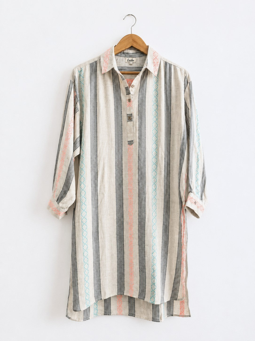 Women's oversized kurta with collar and cuff in mulitcolour stripes, made with cotton linen  - Front full image