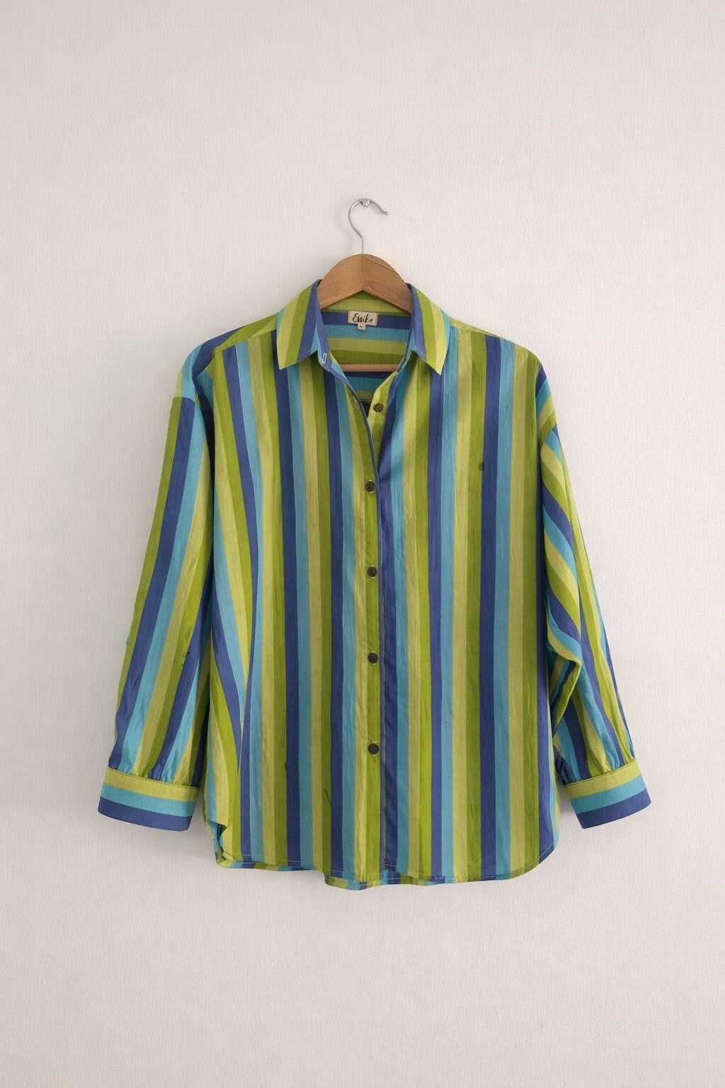 Women’s cotton oversized shirt in blue-green stripes, with full sleeves - Full front image