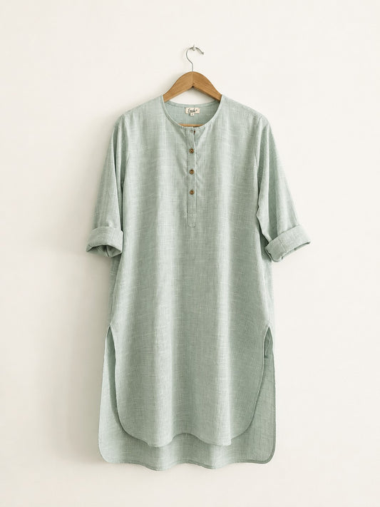 Women's regular cotton kurta in green with round neck and 3/4 sleeves - front image
