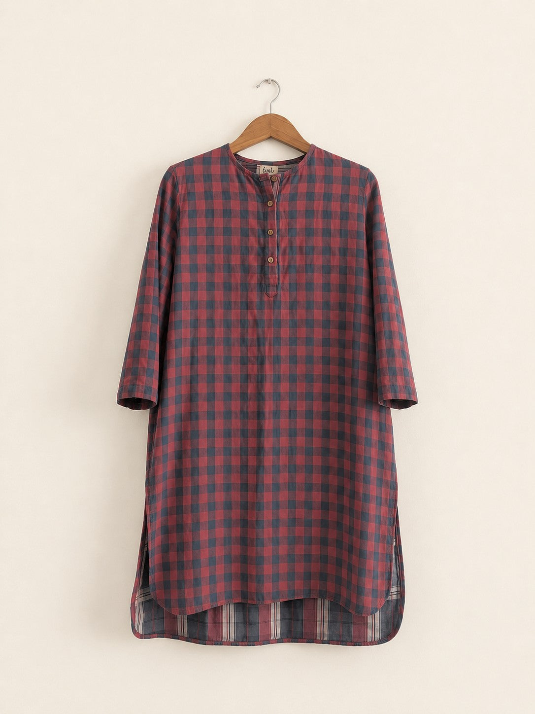 Women's regular cotton kurta in red and green checks with 3/4th sleeves - front full image
